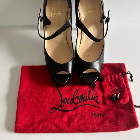 Christian Louboutin Zeppa Peep Toe Mary Jane Pumps Black Leather Size 40 5" Heel - Picture 11 of 12